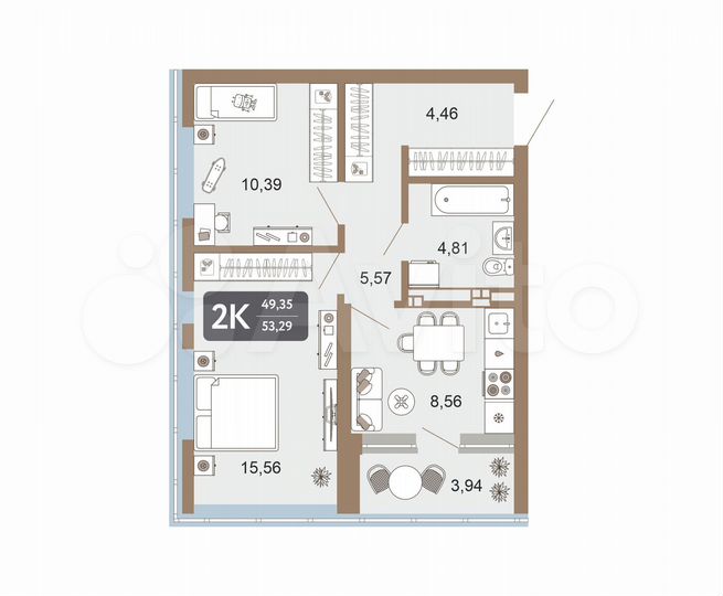 2-к. квартира, 53,3 м², 3/22 эт.