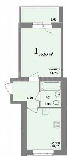 1-к. квартира, 35,6 м², 1/4 эт.