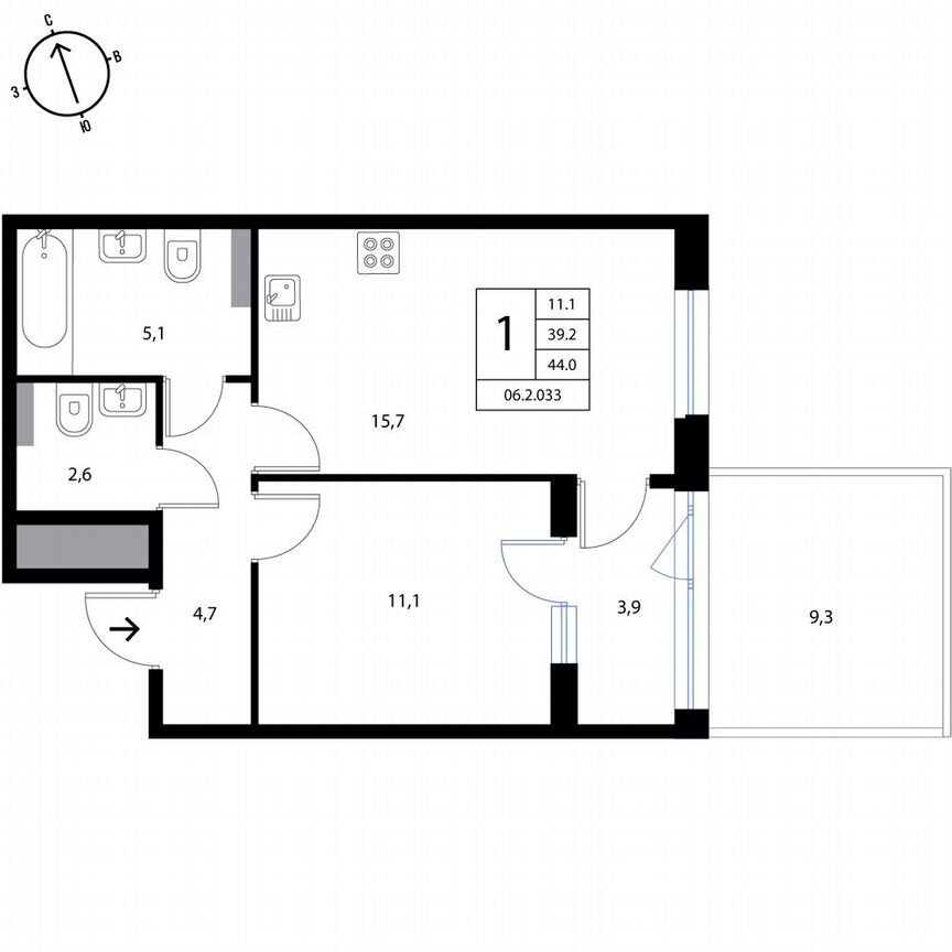 1-к. квартира, 44 м², 1/3 эт.