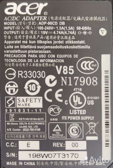 Зарядка для ноутбука Acer 19V 4.74A (90W) 5.5x1.7