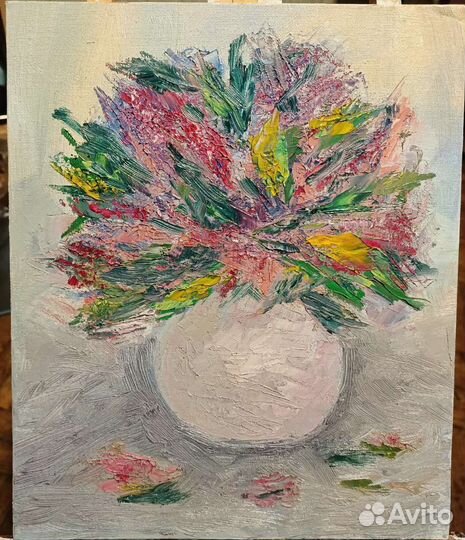 Картина маслом, цветы, букет, сирень