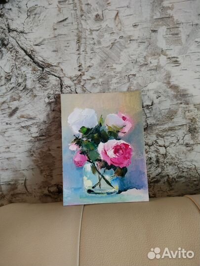 Розовые розы. Картина абстракция. Масло