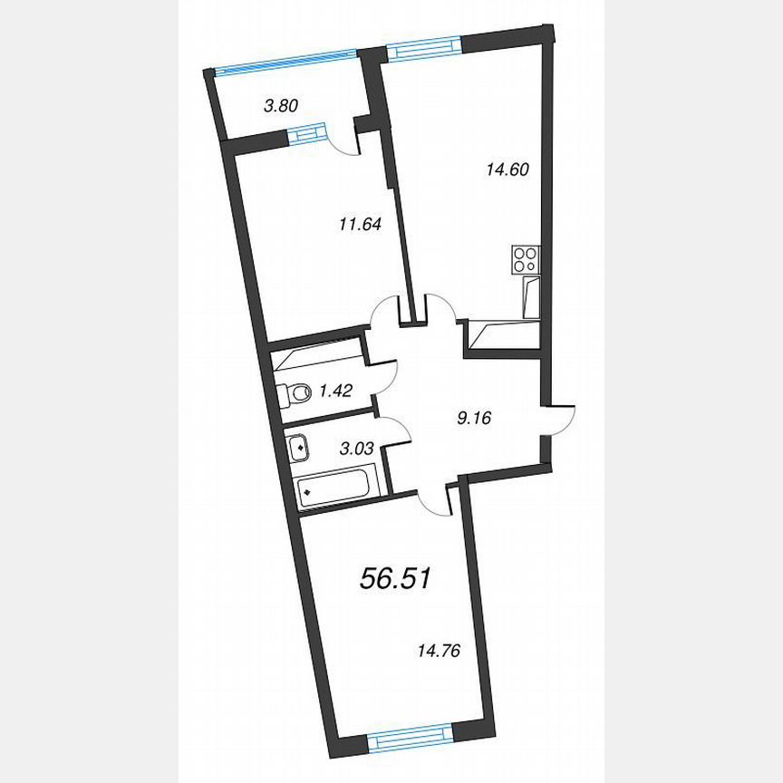 2-к. квартира, 58,4 м², 20/22 эт.
