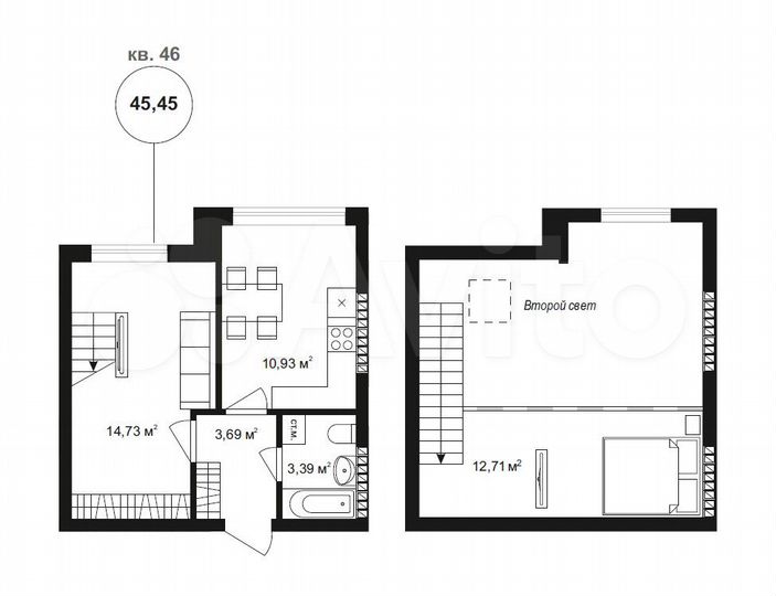 2-к. квартира, 45,5 м², 4/4 эт.