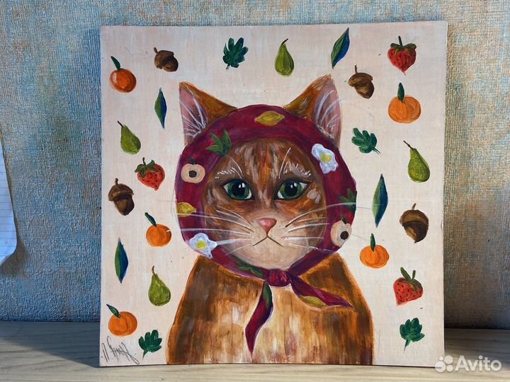 Рисунок кота на картоне акрилом