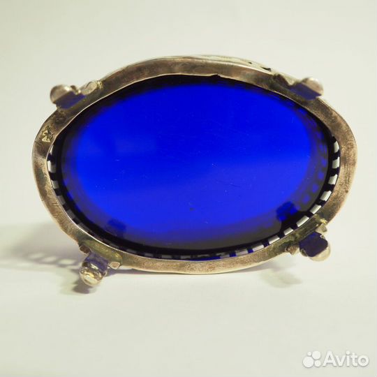 Солонка антикварная серебряная синего стекла конца XIX века