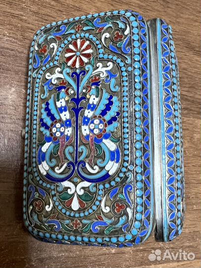 Портсигар старинный в эмалях. Серебро 84 пробы
