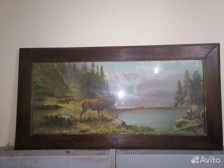 Старинная Картина Олени у озера. Большая