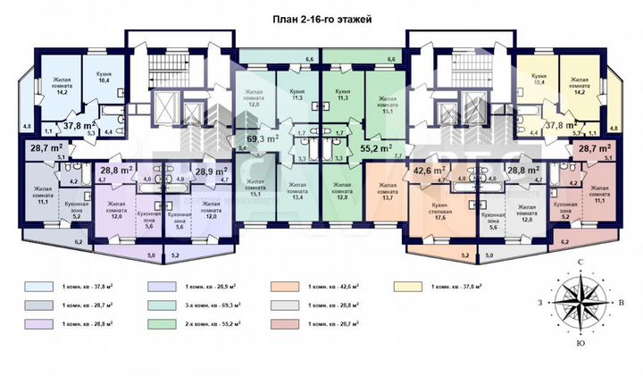 3-к. квартира, 69,3 м², 13/16 эт.