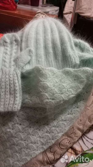 Комплект шапка бини,бактус и варежки из пуха норки