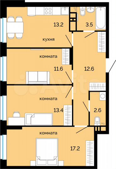 3-к. квартира, 74,1 м², 16/25 эт.