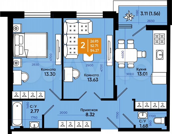 2-к. квартира, 53,4 м², 7/9 эт.