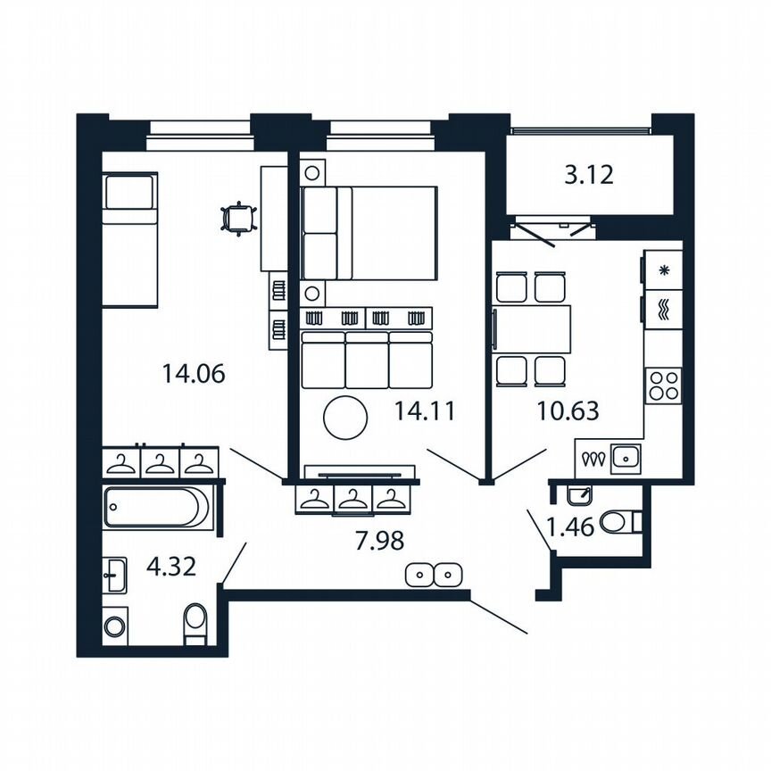 2-к. квартира, 54,1 м², 8/12 эт.