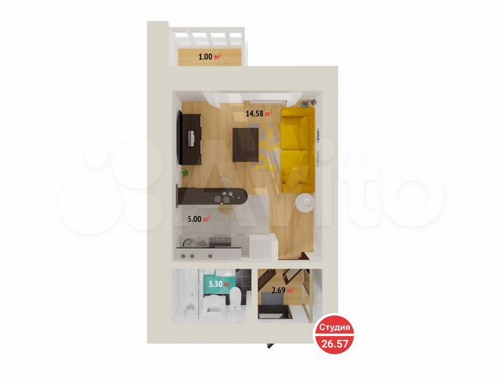Квартира-студия, 26,6 м², 14/16 эт.