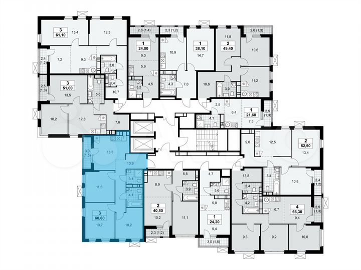 3-к. квартира, 68,6 м², 12/18 эт.