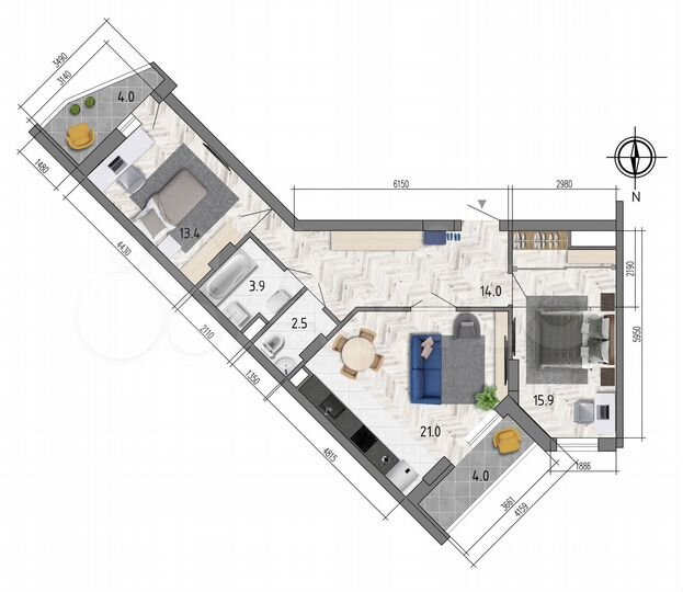 2-к. квартира, 74,7 м², 3/18 эт.