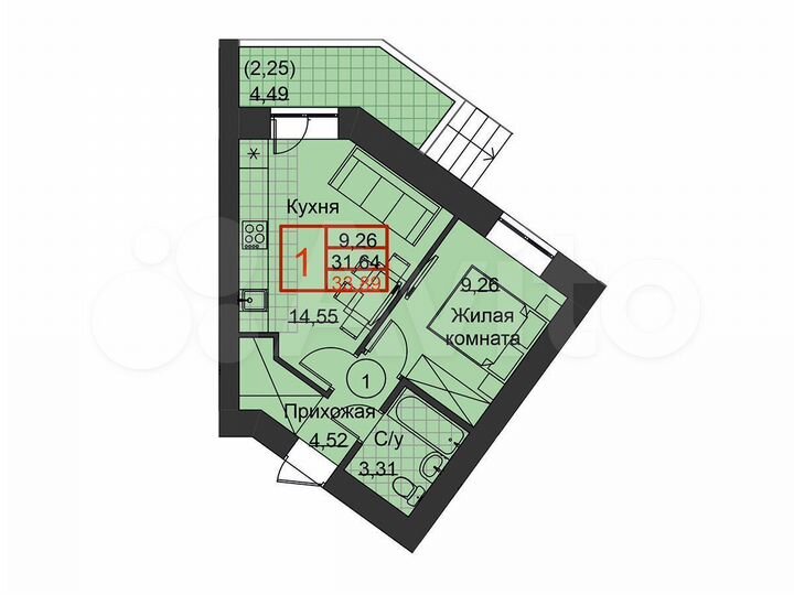 1-к. квартира, 33,9 м², 1/20 эт.
