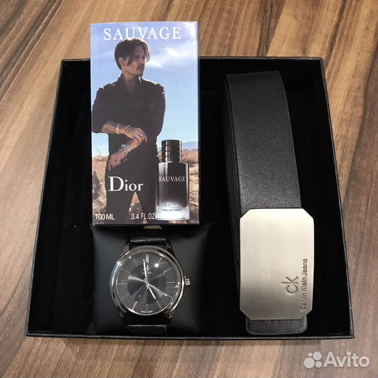 Мужской подарочный набор. Ремень, часы, парфюм