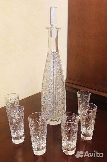 Хрустальный графин, 6 рюмок для коньяка, вина