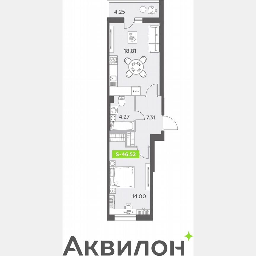 1-к. квартира, 46,5 м², 2/12 эт.