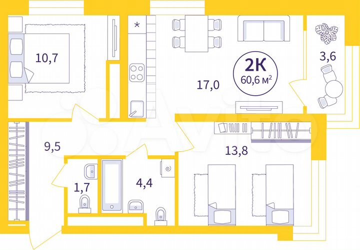2-к. квартира, 58,8 м², 15/25 эт.