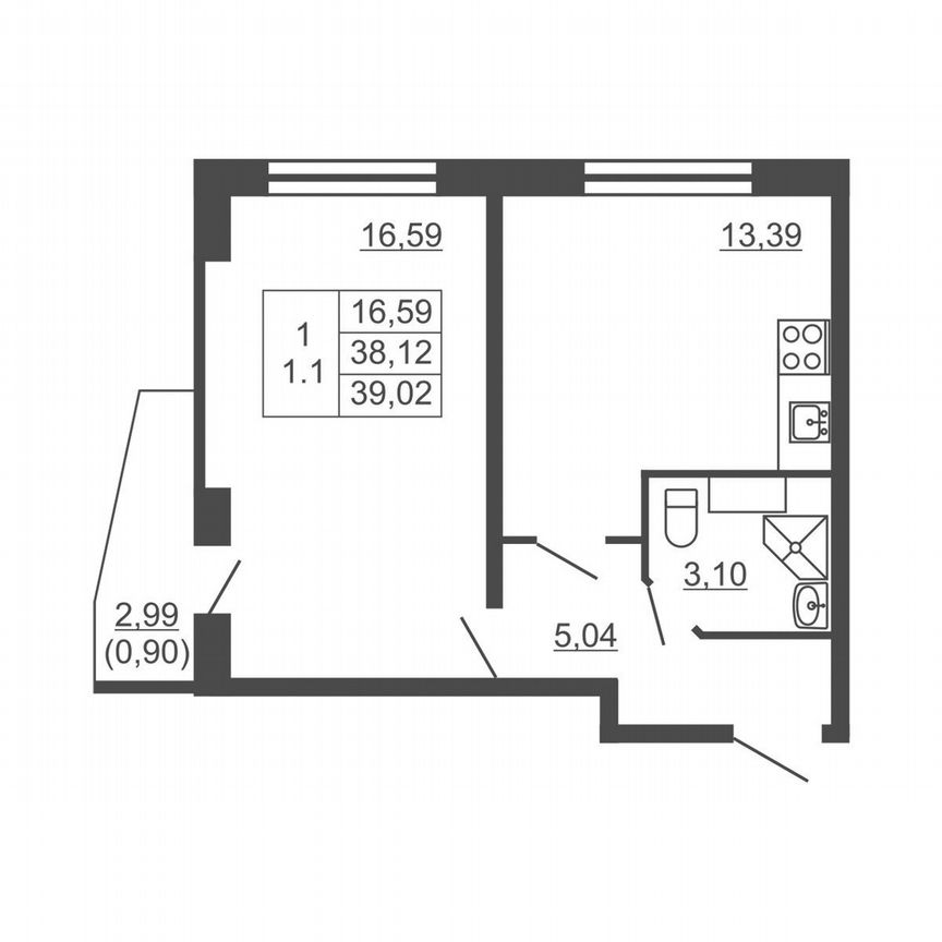 1-к. квартира, 39 м², 2/16 эт.