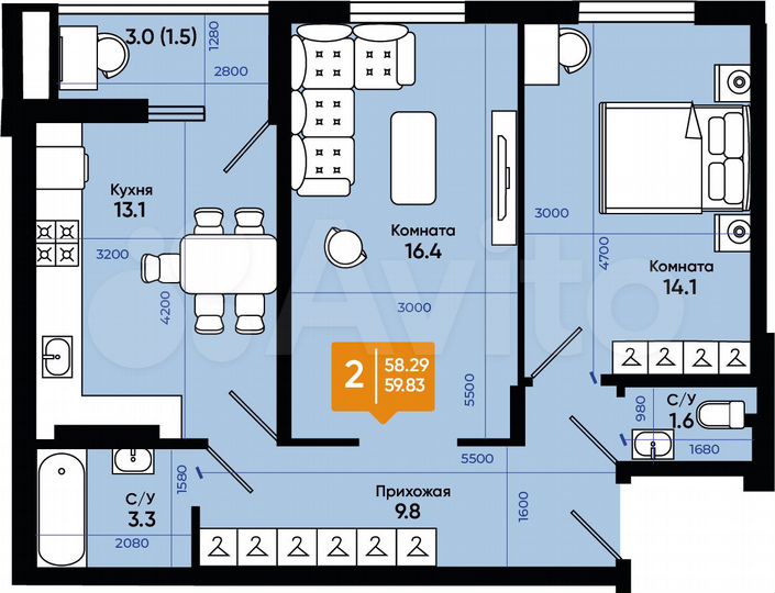2-к. квартира, 59,8 м², 4/9 эт.