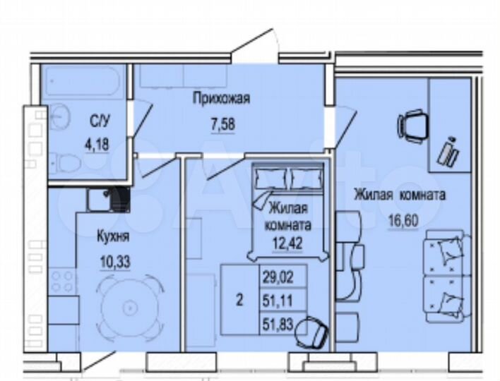 2-к. квартира, 51 м², 2/10 эт.