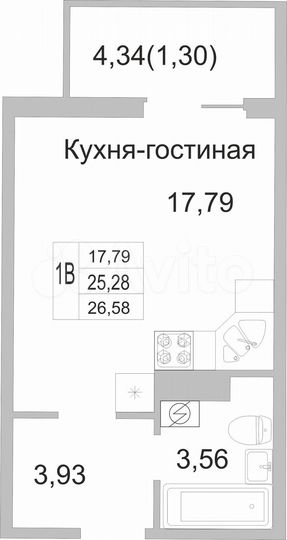 Квартира-студия, 26,6 м², 3/9 эт.