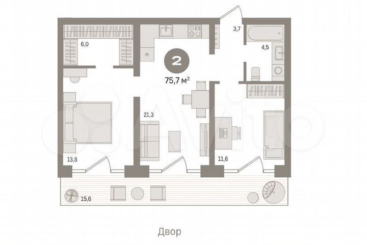 2-к. квартира, 75,7 м², 4/5 эт.