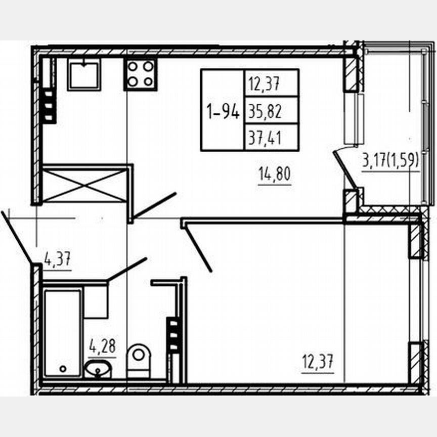 1-к. квартира, 35,8 м², 4/4 эт.