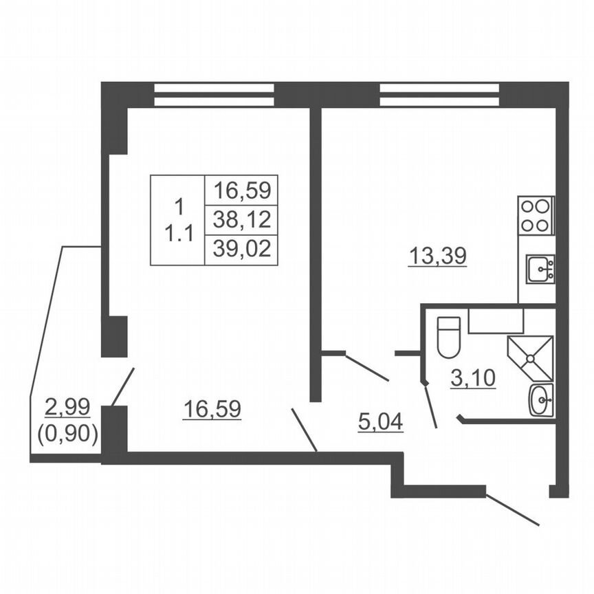 1-к. квартира, 39 м², 9/16 эт.