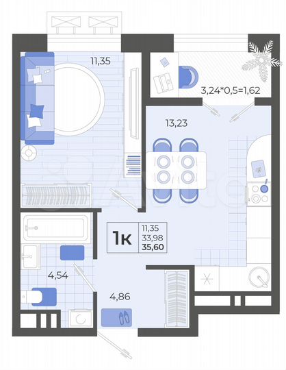 1-к. квартира, 35,6 м², 5/12 эт.