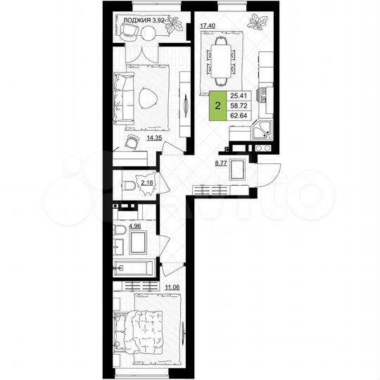 2-к. квартира, 62,6 м², 6/7 эт.