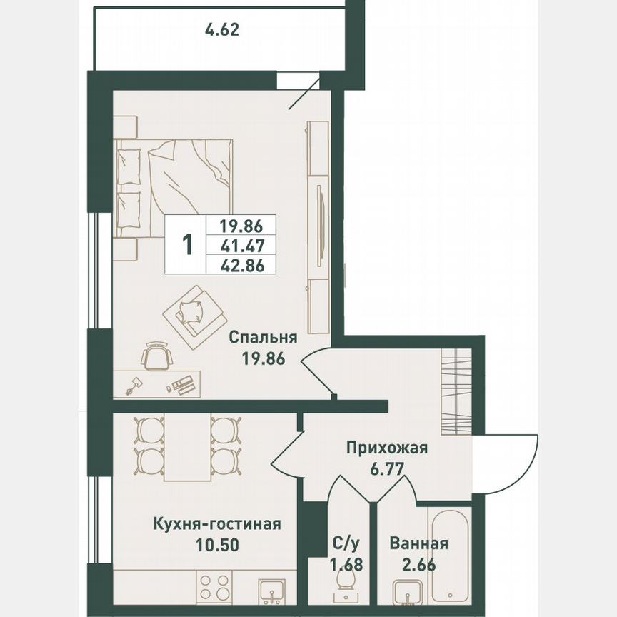 1-к. квартира, 42,9 м², 9/16 эт.