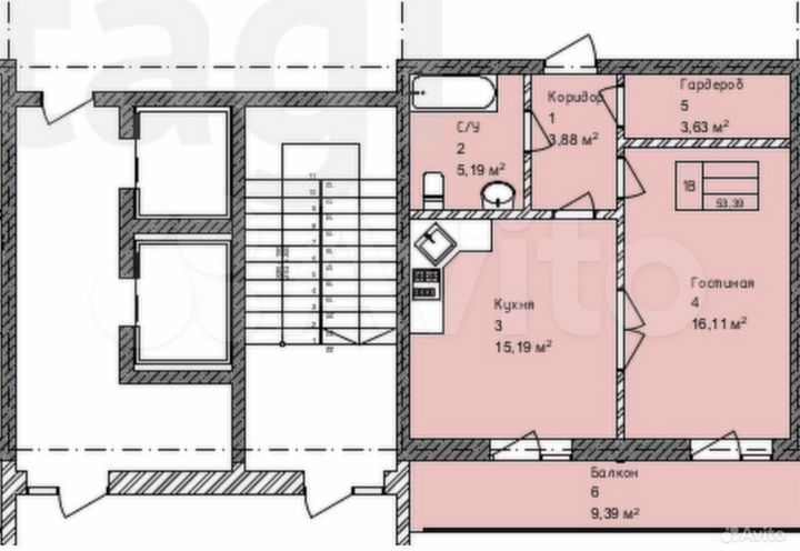 Своб. планировка, 54 м², 3/19 эт.