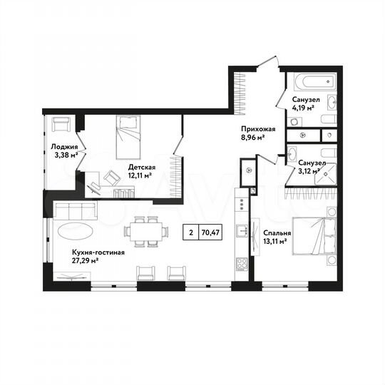 2-к. квартира, 70,5 м², 4/25 эт.
