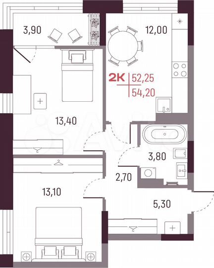 2-к. квартира, 52,3 м², 6/25 эт.