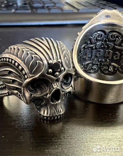Кольцо мужское череп серебряное большая печатка