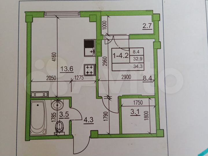 1-к. квартира, 34,3 м², 4/8 эт.