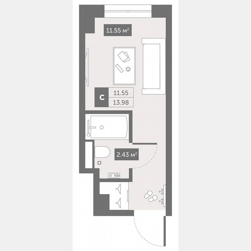 1-к. апартаменты, 14 м², 2/13 эт.