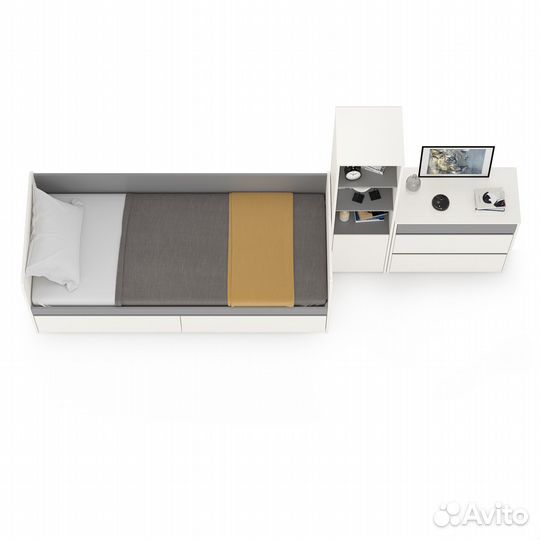 Кровать 800 с комодом и стеллажом Торонто, цвет белый шагрень/стальной серый, шхгхв 314х84,4х149,7 с