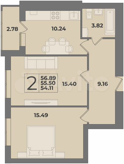 2-к. квартира, 56,9 м², 3/9 эт.