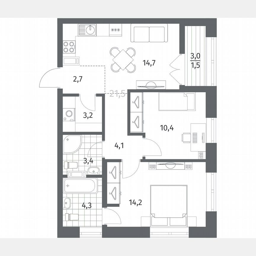 2-к. квартира, 58,5 м², 7/12 эт.