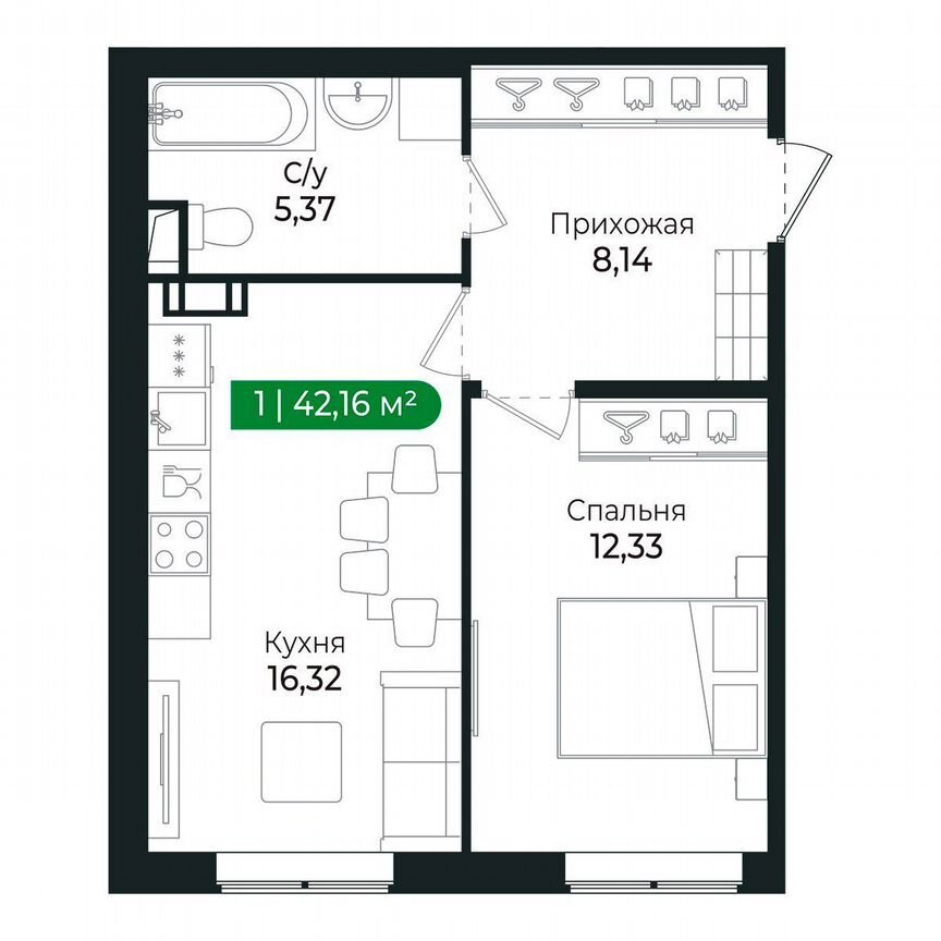 1-к. квартира, 42,2 м², 2/8 эт.