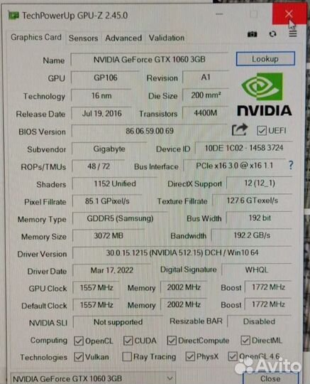 Продам видеокарту Gigabyte GTX1060 3Gb