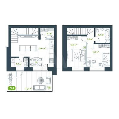 2-к. квартира, 78,3 м², 1/2 эт.