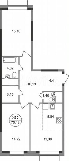 3-к. квартира, 70,1 м², 14/22 эт.