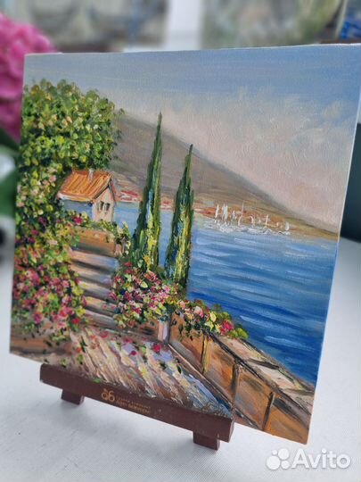 Картина маслом Крым пейзаж морской берег 20х20 см