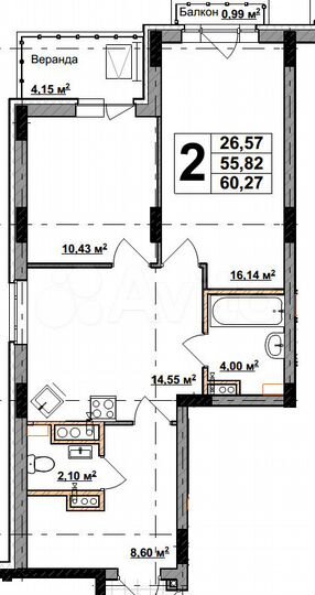 2-к. квартира, 60,3 м², 5/8 эт.